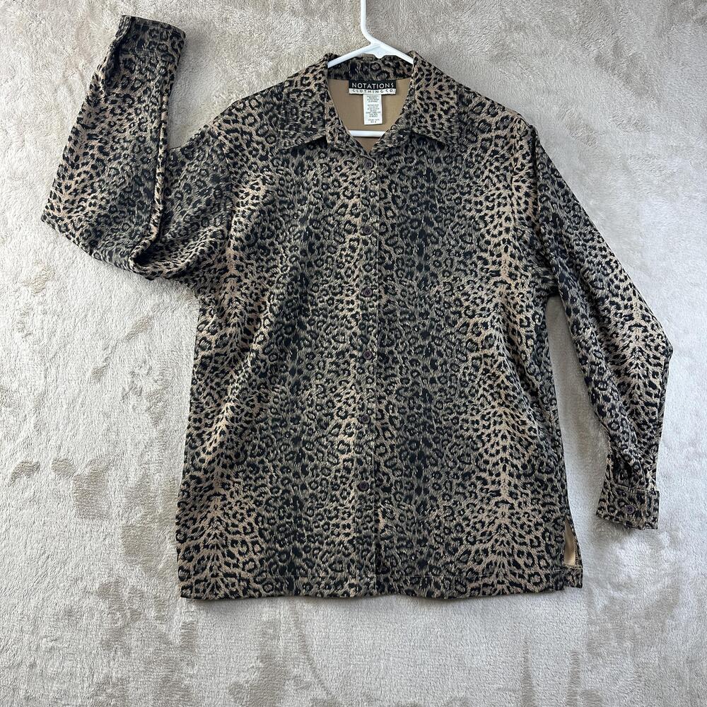Notations Shirt Womens Medium Brown Leopard Print Button Front Stretch Top